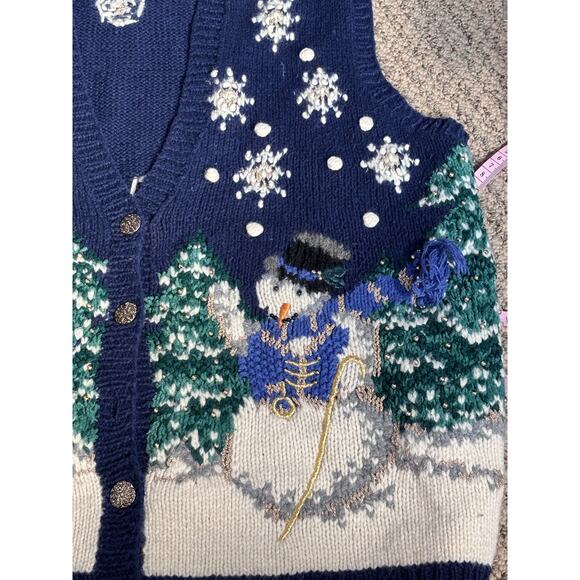 Vintage Snowman Christmas Sweater Vest Navy Beaded Holiday Knit Oversized Small - Picture 10 of 13